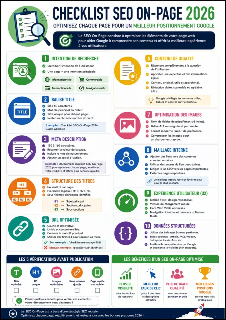 Infographie Checklist SEO onpage 2026 optimisez chaque page pour un meilleur positionnement